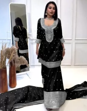 Black Heavy Chinon Silk Embroidered Sharara Suit Set