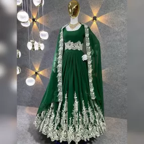 Elegant Green Color Multi Needle Work Embroidery Georgette Gown