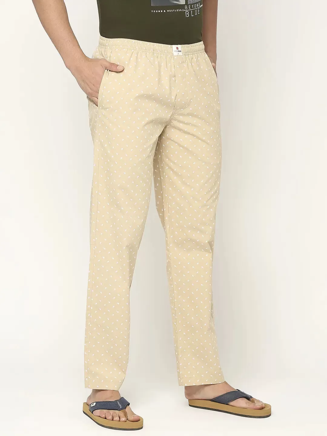 Men Premium Cotton Printed Beige Pyjama- UnderJeans by Spykar