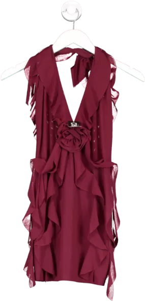 MURCI Red Rose Detail Ruffled Mini Dress Burgundy UK 12