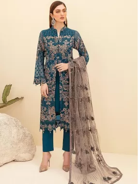 Odette Women Teal Blue Heavy Embroidered Women Semi Stitched Slawar Suit Sets