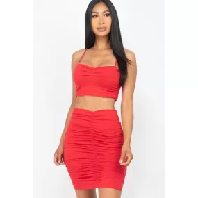 Ruched Crop Top And Skirt Sets