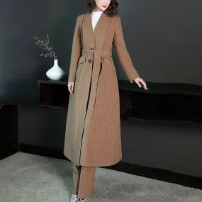 Striped Wool Blend Belted Flare Coat & Pants Two-Piece Set